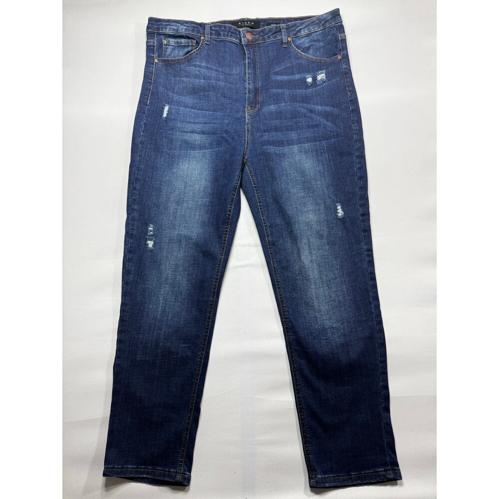 Risen Women's Distressed Tapered Leg Blue Stretch  Jeans -‎ Size 3XL (40x28)*